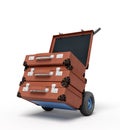 3d rendering of blue hand truck with stack of three brown suitcases on top.