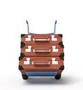 3d rendering of blue hand truck with stack of three brown suitcases on top.