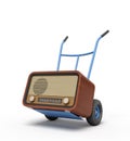 3d rendering of blue hand truck standing in half-turn with brown retro radio set on it.