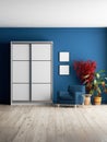 3d rendering. Blue interior. Plants against a blue wall. Wardrobe in the interior