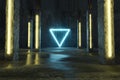 3d rendering of blue lighten triangle shape next by concrete pillars and grunge floor with puddles