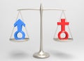 3d rendering. blue Male and red female gender sign have same weigh or equal on silver balance scale with gray background. No gende