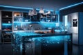 3d rendering of blue modern kitchen with technology network on the wall, A smart kitchen interior with glowing network connections