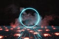 3d rendering of blue neon circle on shining button floor and surrounded by smoke