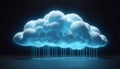 3D rendering of blue neon cloud with raindrops on dark background. Generative AI Royalty Free Stock Photo