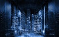 3D rendering Blue panoramic city on black background, technology city connection against the background of the data center Royalty Free Stock Photo