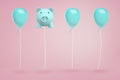 3d rendering of blue piggy bank hanging on a string like balloon between real festival balloons on pink background. Royalty Free Stock Photo