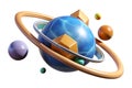 3D Rendering of a Planet with Rings and Cubes Royalty Free Stock Photo