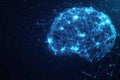 3D rendering of a blue polygonal brain hologram. Concept of AI and machine learning. Royalty Free Stock Photo