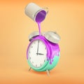 3d rendering of blue retro alarm block stands on a bright orange background with purple paint pouring on it from a can.