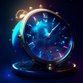 3d rendering of a blue retro alarm clock on a dark background AI Generated Royalty Free Stock Photo