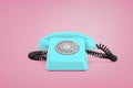 3d rendering of a blue retro rotary phone with a receiver on a cord stands on a pink background. Royalty Free Stock Photo