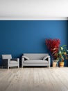 3d rendering. Blue salon. Plants against the blue wall. Gray sofa in blue interior Royalty Free Stock Photo