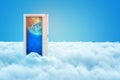 3d rendering of blue sky and white clouds with a doorway portal to an outer space and the Earth planet