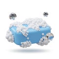 3D rendering of blue soap bar covered in bubbles with reflective bubbles floating Royalty Free Stock Photo