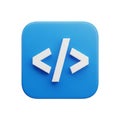 3D Rendering of a Blue Square Icon with White Code Brackets Symbol coding programming Royalty Free Stock Photo