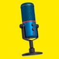 3D rendering of blue studio condenser microphone isolated on yellow background Royalty Free Stock Photo