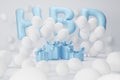 3d rendering. blue text HBD, gift box and white balloons, composition on white background. design for birthday