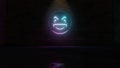 3D rendering of blue violet neon symbol of emoticons laughing icon on brick wall