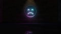 3D rendering of blue violet neon symbol of frown icon on brick wall