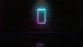 3D rendering of blue violet neon vertical symbol of empty battery icon on brick wall