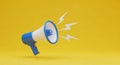 3D rendering of a blue and white megaphone emitting white lightning bolt shapes on a bright yellow background Royalty Free Stock Photo