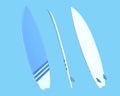 3D Rendering Blue And White Surfboard Front, Side And Back View Isolated On Blue Background, PNG File Add Royalty Free Stock Photo