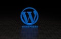 3d rendering of the blue WordPress Logo against a black background