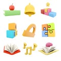 3d rendering book with apple, bell, podium with star, ABC blocks, protractor, puzzle, opened book, music brain icon set