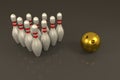 3D rendering of Bowling pins and golden ball Royalty Free Stock Photo
