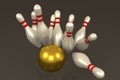 3D rendering of Bowling pins hit by golden ball Royalty Free Stock Photo