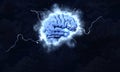 3D rendering of a brain in a stormy cloudscape, and lightning on dark background