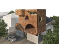 3d rendering brick design box building with nature surrounding