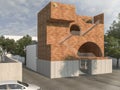 3d rendering brick design box building with tree surrounding