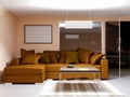 3d rendering of brick loft living room with cognac color sofa and mock up advertising frame