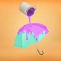 3d rendering of bright blue umbrella gets turned into violet color because of a metal can pouring paint on it. Royalty Free Stock Photo