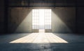 In a 3D rendering, bright light pours into the hangar through its open doors Royalty Free Stock Photo