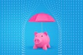 3d rendering of a bright piggy bank standing under an open umbrella which protects it from symbolic rain drops.