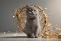 3D rendering of a british shorthair cat with gray fur adorned with a gold necklace around it with Cinematic lighting