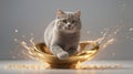 3D rendering of a British shorthair cat with gray fur and a gold bowl on a white background