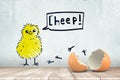 3d rendering of broken egg shell on white wooden floor with cartoon yellow chicken and CHEEP sign drawn on white wall