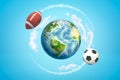 3d rendering of brown american football ball and soccer ball flying around earth globe on blue background