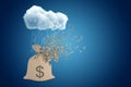 3d rendering of brown canvas money bag with dollar symbol, right under raining cloud on blue copy space background, the Royalty Free Stock Photo