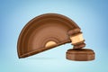 3d rendering of brown gavel with pixel stretch semicircle on one side, lying on brown sound block, on light blue Royalty Free Stock Photo