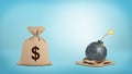 3d rendering of a brown hessian money bag with a dollar sign standing close to a open bag revealing a lit bomb.