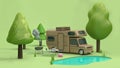 3d render brown home car in green parks have many trees nature and pond blue water reflection cartoon style