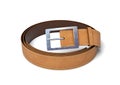 3d rendering of brown leather belt with metal buckle rolled up isolated on white background