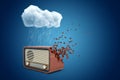 3d rendering of brown radio set that is dissolving into pieces from one side, standing under raining cloud on blue