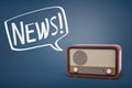 3d rendering of a brown retro radio set with on a blue background and a speech bubble with a word NEWS inside of it.
