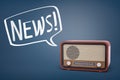 3d rendering of a brown retro radio set with on a blue background and a speech bubble with a word NEWS inside of it. Royalty Free Stock Photo
